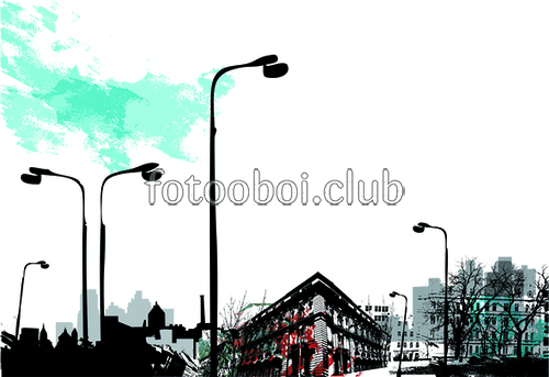 натюрморт, улица, дома, фонари, небо, яркие 